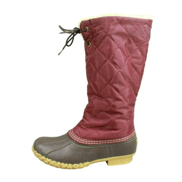 LL Bean Burgundy Nylon Shearling Lined Quilted Waterproof Duck Boots Size 6 M - Picture 1 of 10